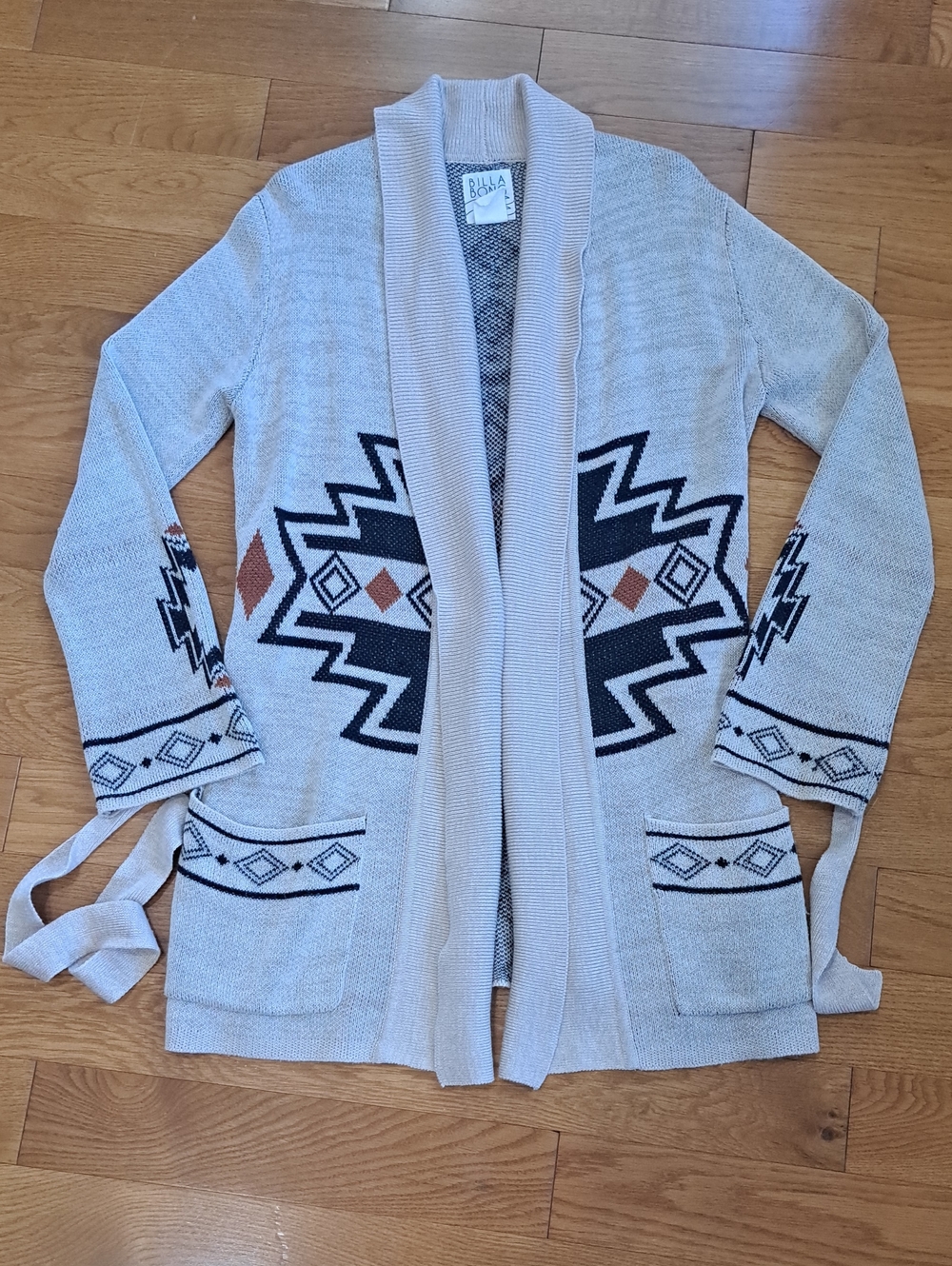 Billabong Beige Aztec Open-Front Cardigan with Black & Rust Accents